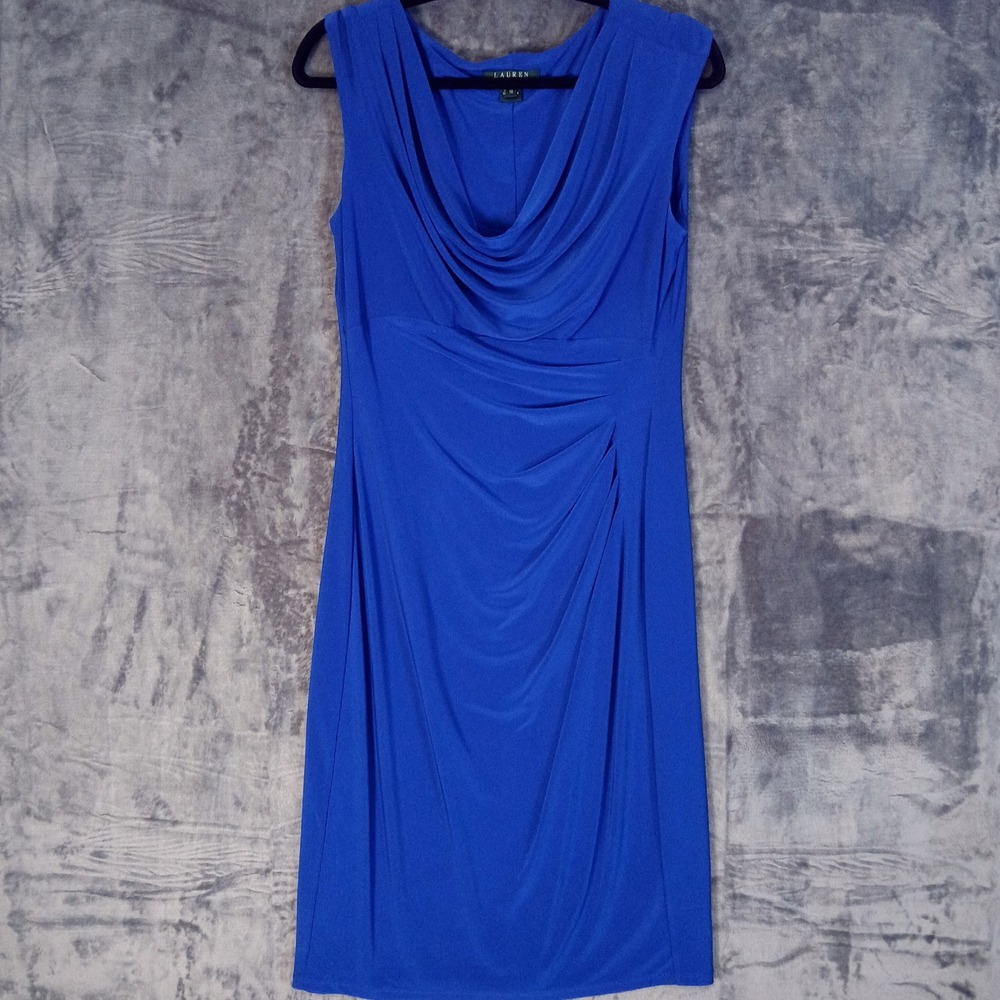 Lauren Ralph Lauren Dress Womens‎ 10 Blue Cowl Neck Ruched Sheath Cocktail